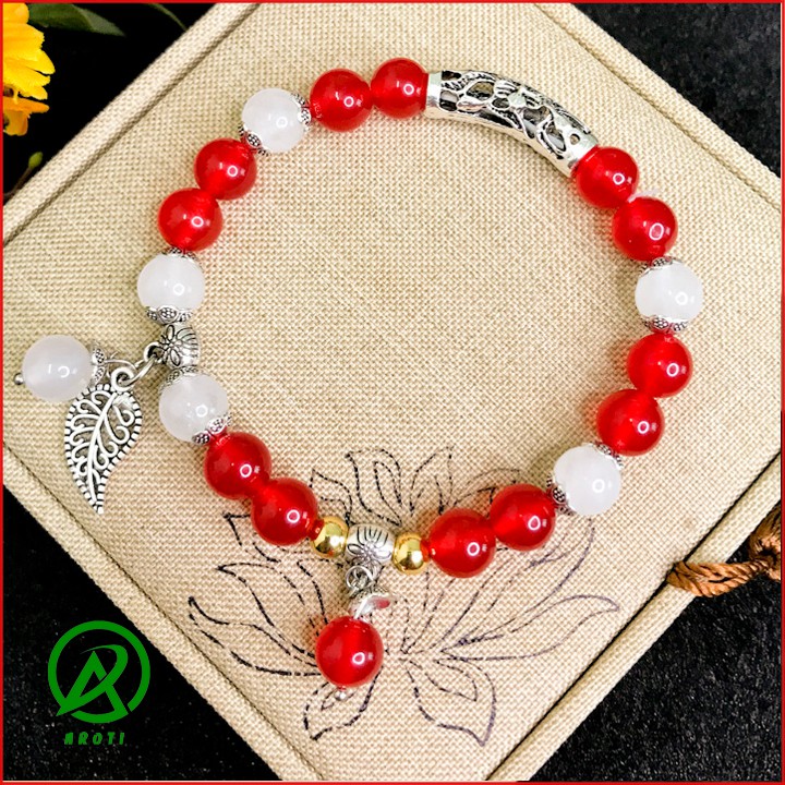 Vòng Tay Nữ - Vòng Tay Nữ Mã Não Trắng Mix Mã não Đỏ 8mm Charm Cầu V364-8