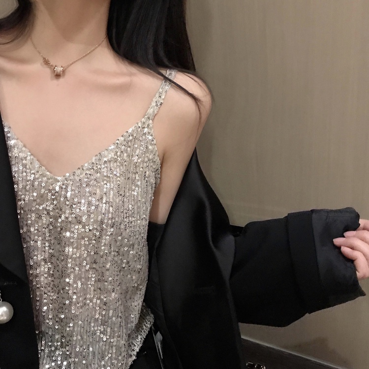 Áo Hai Dây Dáng Ngắn Đính Kim Sa Lấp Lánh Thời Trang Xuân Hè 2020 Phong Cách Hàn Quốc Mới Cho Nữ