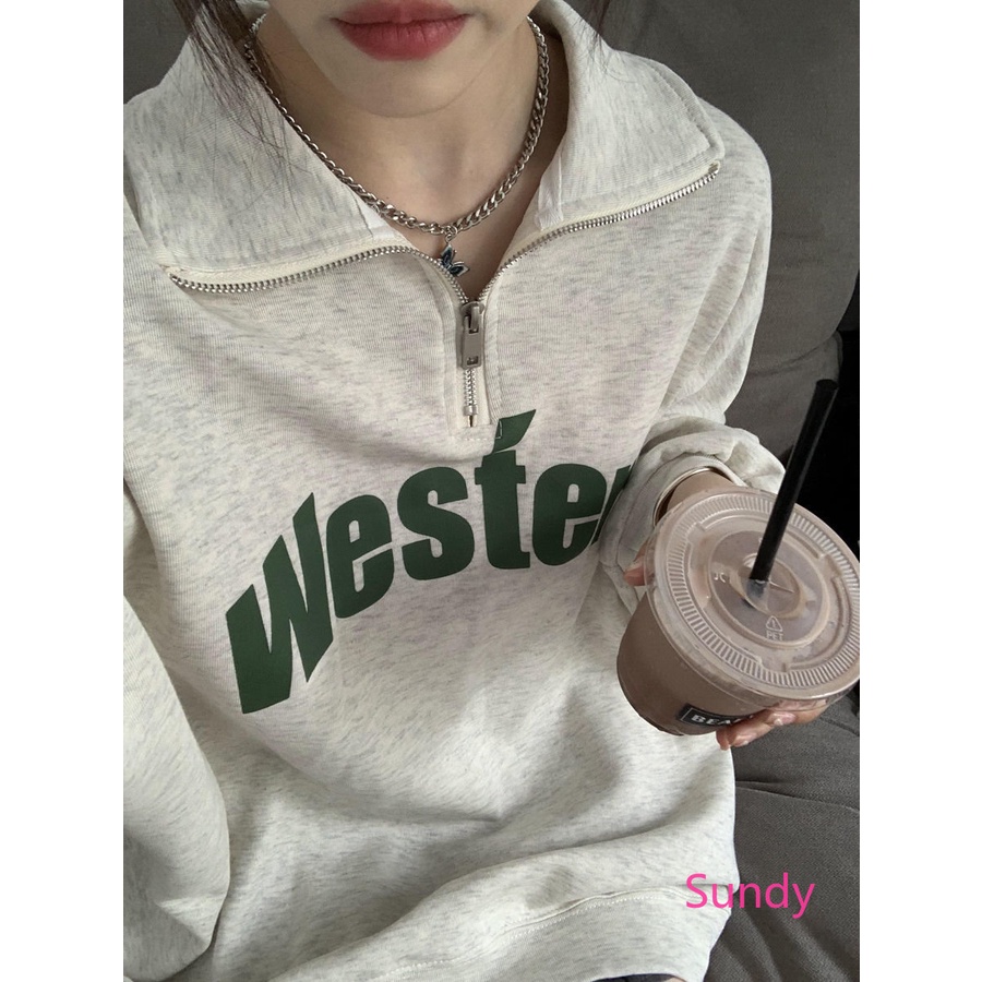 Áo Sơ Mi Tay Dài Dáng Rộng Màu Xám Nhạt Phối Khóa Kéo Thời Trang Xuân Thu Phong Cách Hàn Quốc Cho Nữ