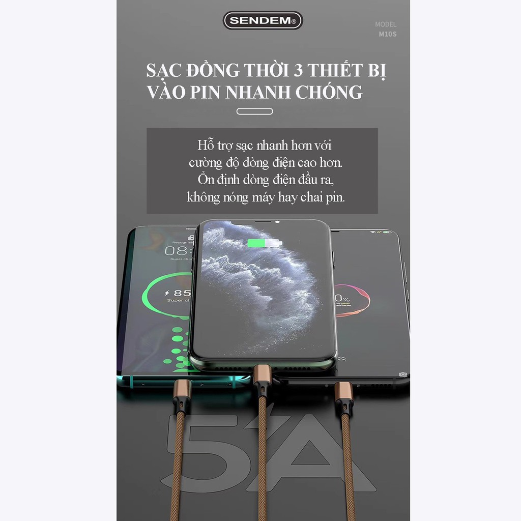 Cáp sạc 3 đầu M10s chính hãng SENDEM - Dây sạc 3 chân iPhone, Micro, Type C siêu bền - Bảo hành 12 tháng