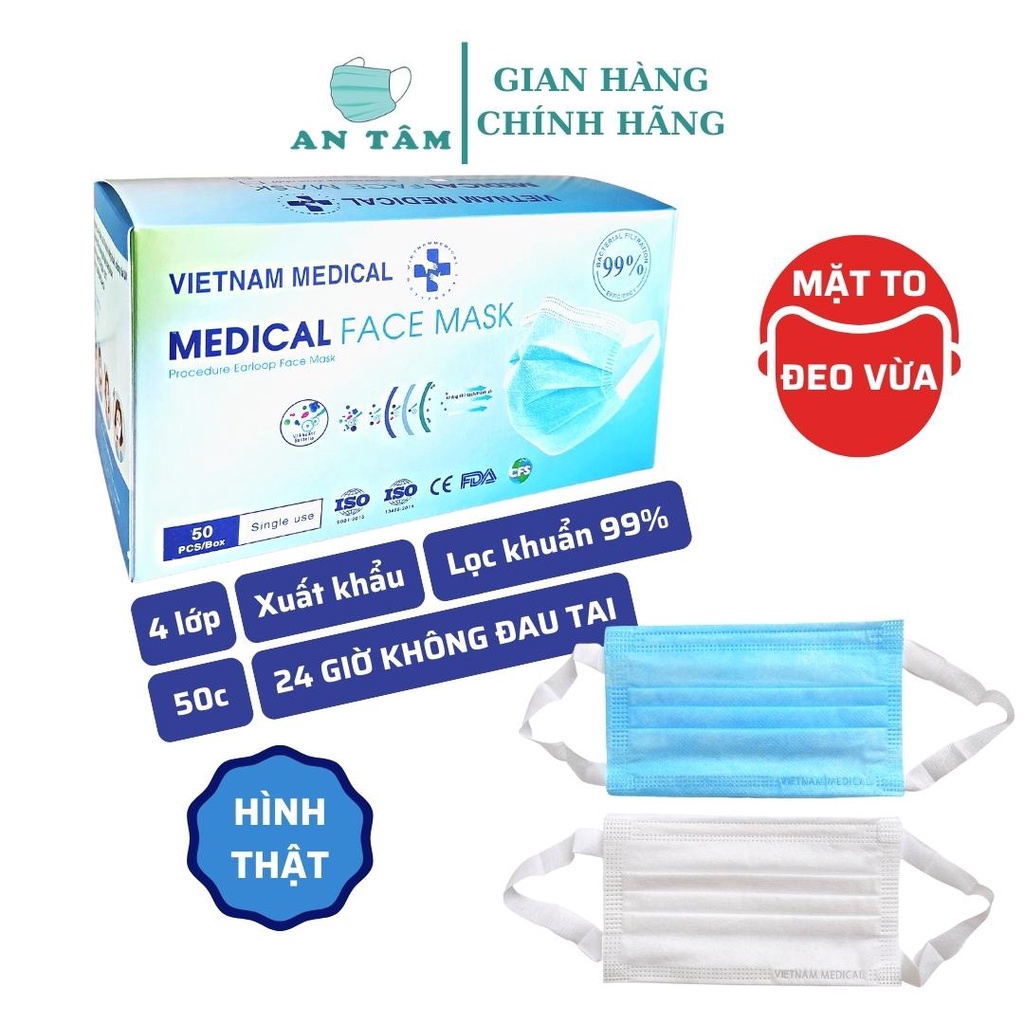 3 Hộp Khẩu Trang Y Tế Vietnam Medical 4 Lớp, Kháng Khuẩn, Không Đau Tai
