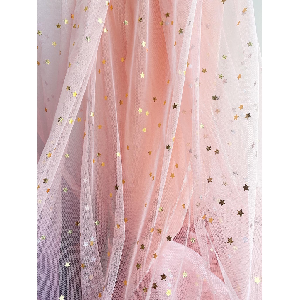 ⚡Giá sỉ⚡Vải voan lưới hình ngôi sao màu hồng tôm dùng may váy,chụp nail làm phông nền background chụp ảnh