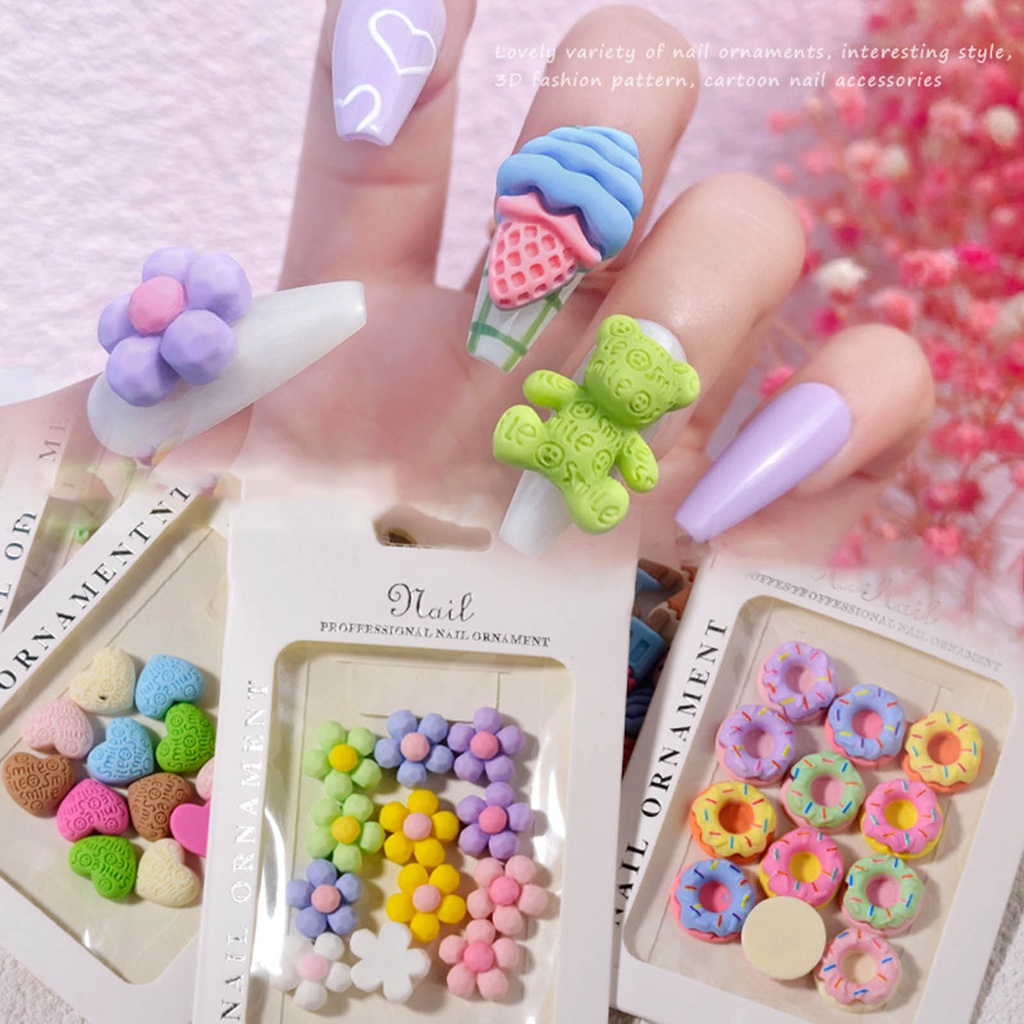 Set 12 Phụ Kiện Trang Trí Móng Tay Hình Gấu Hoạt Hình DIY