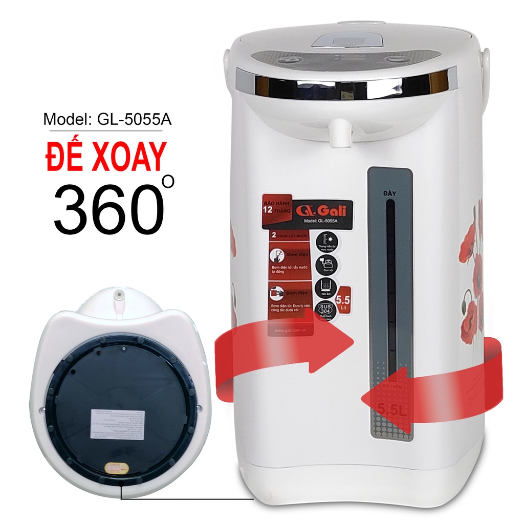 Bình thủy điện Gali 5055A/750w/5.5L giữ ấm 02 chức năng bơm bằng điện và cơ hàng nhập khẩu chính hãng bh 12 tháng