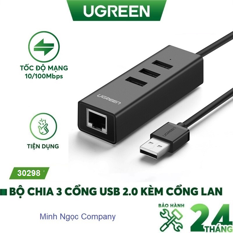 HUB Bộ chia 3 cổng USB 2.0 kèm cổng mạng Lan Ethernet RJ45 10/100 Mbps chính hãng Ugreen CR129 cao cấp