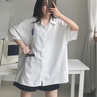 Áo Sơ Mi Nữ Tay Ngắn Sơ Mi Cổ Bẻ Dáng Rộng Unisex Thỏa Mái Thêu Hình Gấu Bông Đáng Yêu MRA 10106 - Gous Official