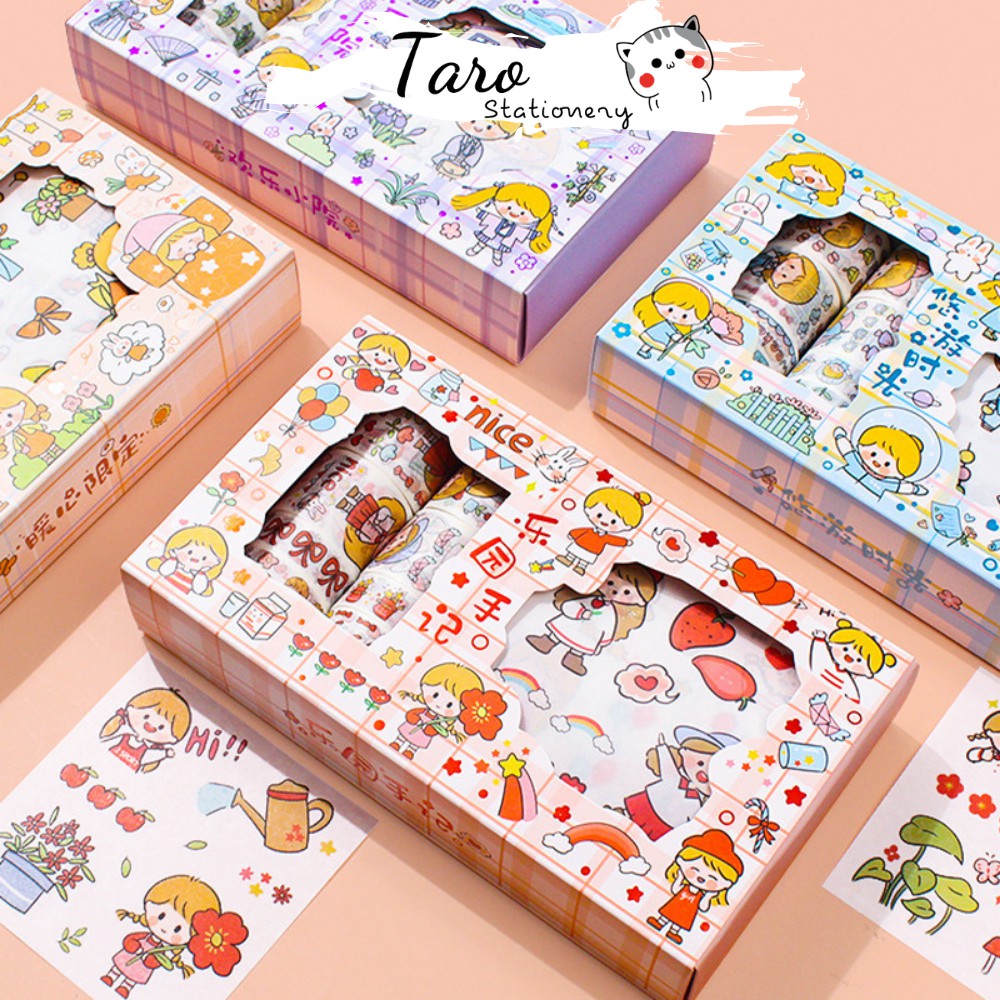 Hộp washi tape kèm sticker cô gái dễ thương W06 Taro Stationery