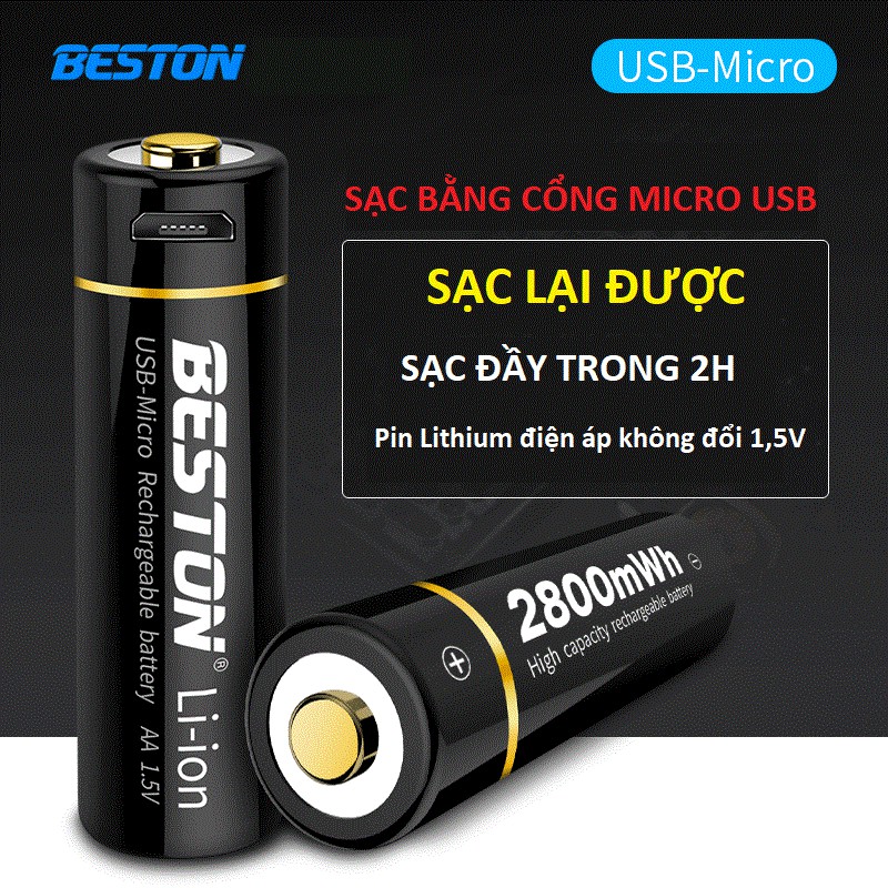 Pin sạc AA  Free Ship   Pin tiểu sạc AA 2800mWh có cổng sạc Micro USB - Mua 2 viên tặng cáp sạc 2 đầu trị giá 70k