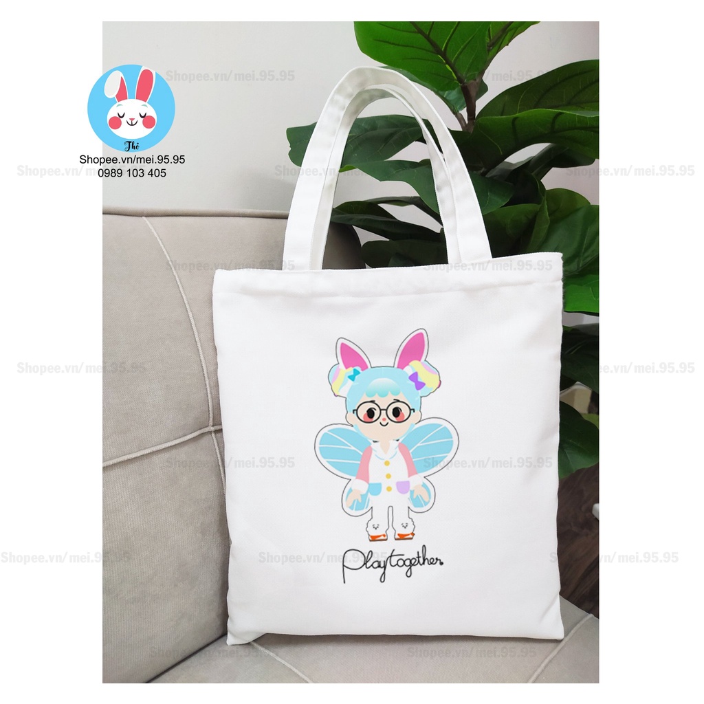 Túi Tote,Túi Vải Canvas Play Together đựng đồ phong cách Hàn Quốc có khóa kéo in hình cực nét