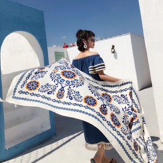 Khăn choàng boho đi biển màu trắng hoạt tiết hoa - Mã VS019