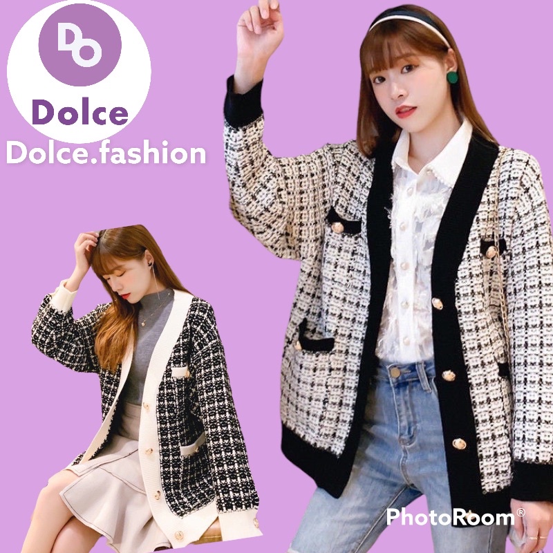 Áo cadigan len nữ họa tiết kẻ kim tuyến siêu sang chảnh - Dolce L12
