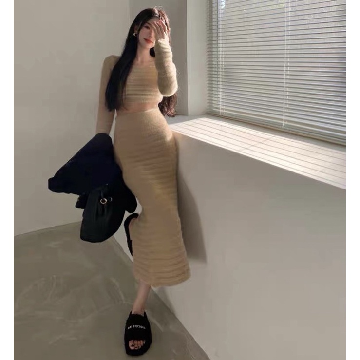 Set Váy Len Dệt Kim Dài Tone Nâu Ôm Body Siêu Tôn Dáng