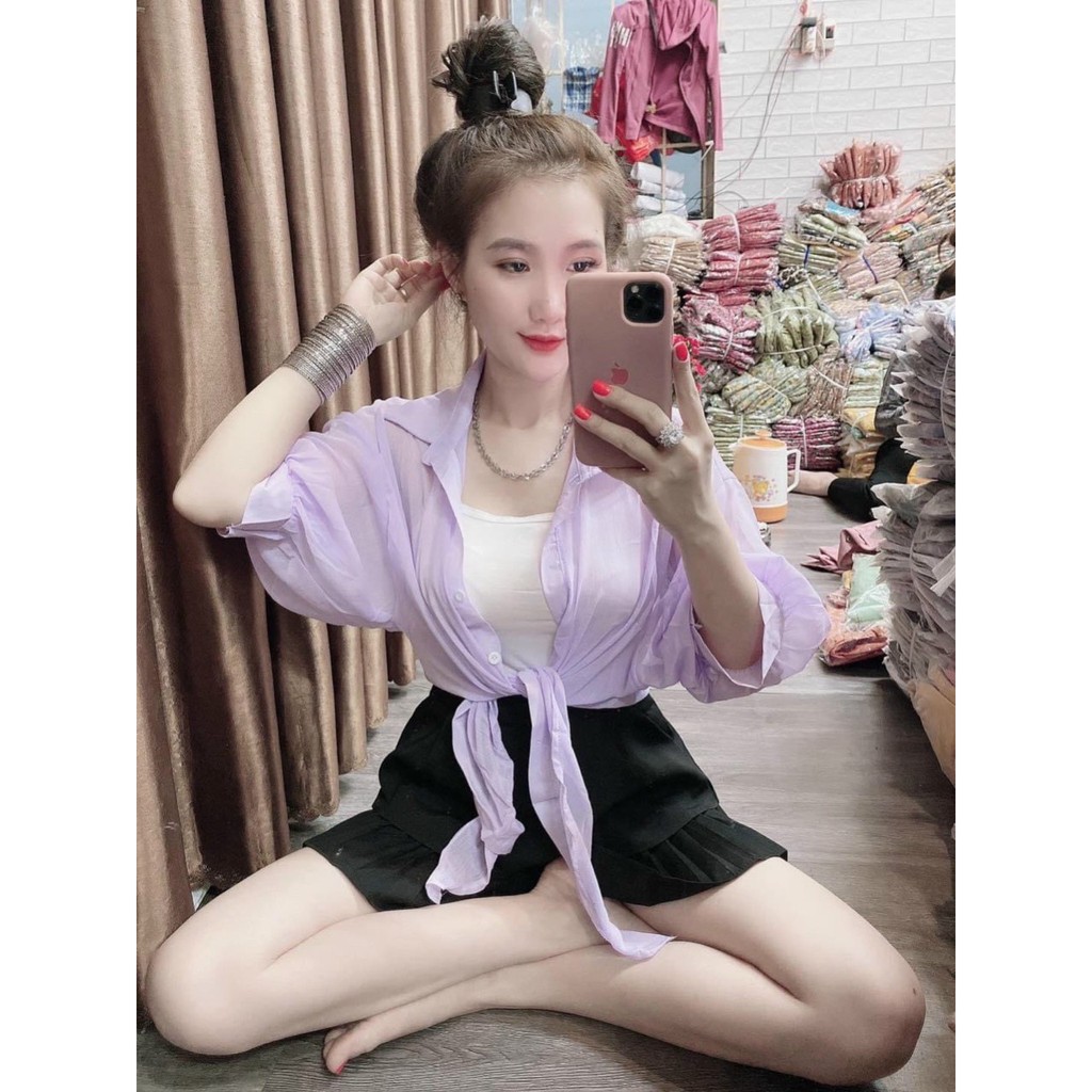 [Freeship đơn từ 50K] [ SIÊU PHẨM Đi BIỂN]Áo khoác sơ mi voan tay phồng cột eo