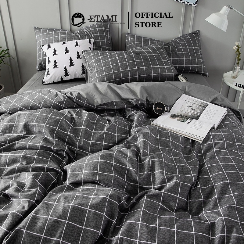 Bộ chăn ga gối cao cấp ETAMI cotton poly kẻ dạ cute miễn phí bo chun drap giường , ga trải giường P17