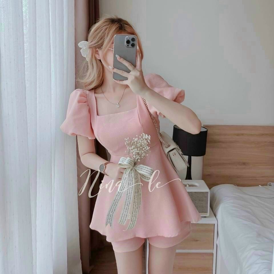 Set Đồ Đẹp ⚡𝙎𝙄𝙀̂𝙐 𝙎𝘼𝙇𝙀⚡ Set Bộ Áo Tay Ngắn Cổ Vuông Côt Nơ Lưng Có Mút Ngực Kèm Quần - 75143