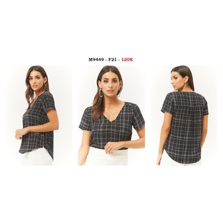 M9449 - áo voan f21 cổ tim tay ngắn caro