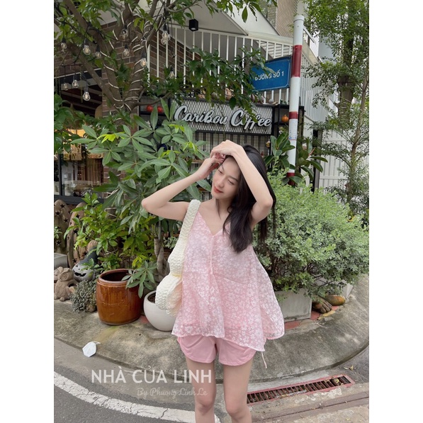 Set áo voan hoa + quần kaki phi bóng👠