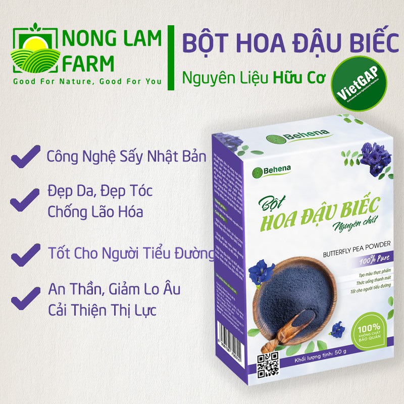 Bột Hoa Đậu Biếc Behena - Đẹp da, Dưỡng tóc, chống lão hóa - Hộp 50 gr