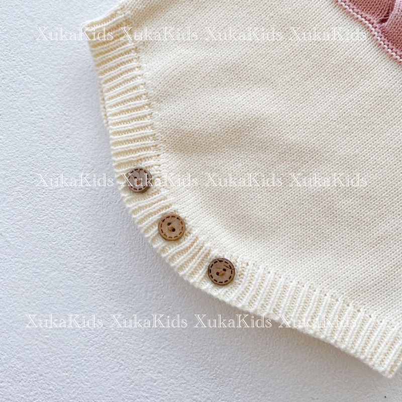 Set Bộ Bé Gái [XukaKids] Áo Khoác Cardigan và Yếm Len Cao Cấp Bé Gái Trắng Hồng Nhún Trước Ngực Len mịn dày dặn