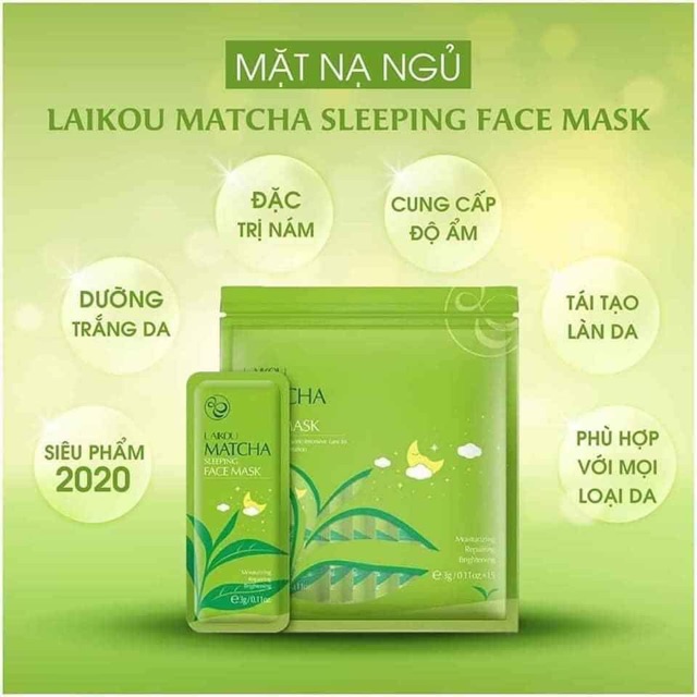 Mặt nạ ngủ Matcha Trà xanh Laikou - Set gồm 15 gói