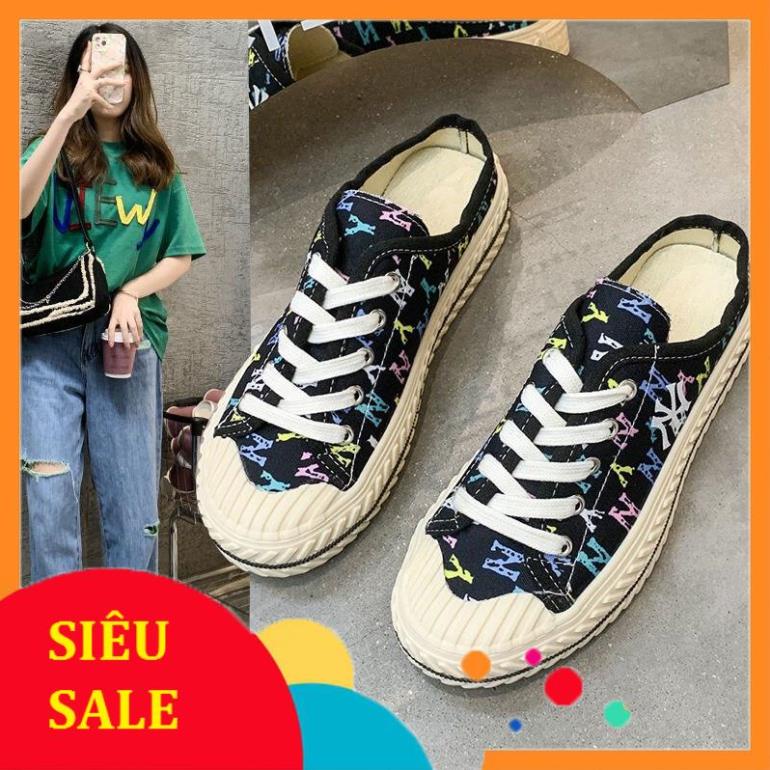 Giày sục nữ MLB ny lười đạp gót Đen họa tiết HOT trend thể thao sneaker