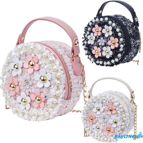 Túi xách đeo chéo vai hình tròn đính ngọc trai họa tiết hoa nhỏ xinh cho bé gái