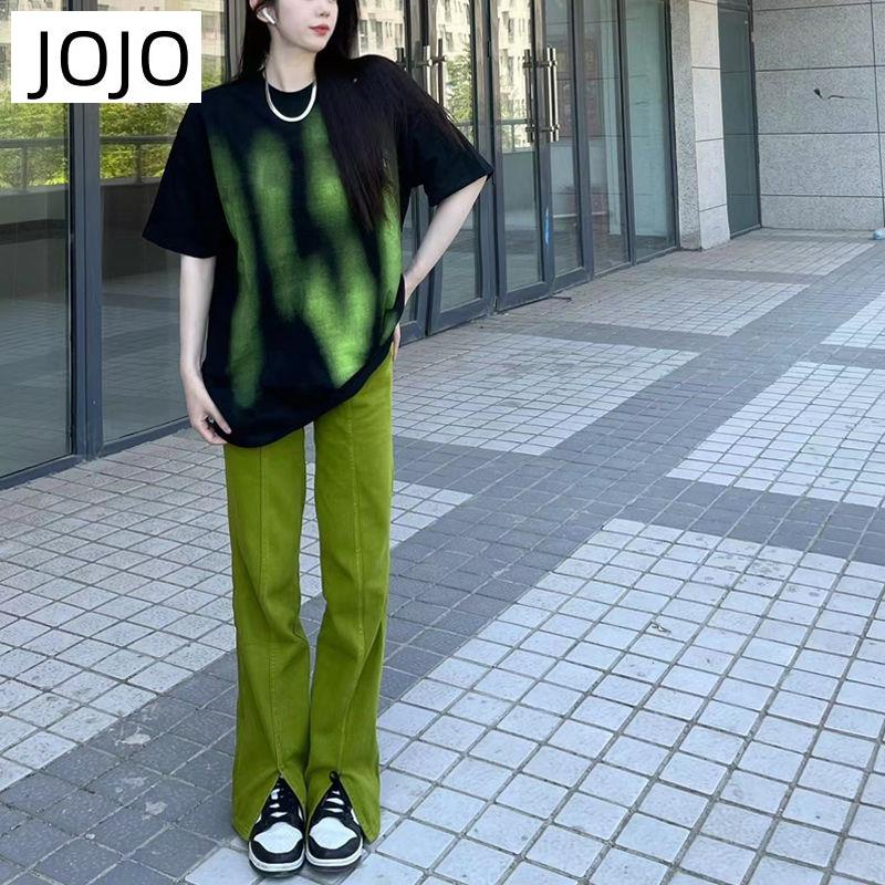 Quần Jean Dài Ống Đứng Xẻ Tà Màu Xanh Bơ Phong Cách Mỹ Thời Trang Mùa Hè Cho Nữ