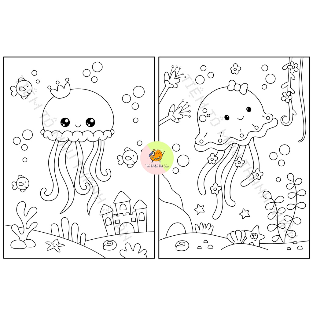 Set 20 Tờ Tranh Tô Màu Hình Sứa Jellyfish Cute Tô Màu Sáp, Màu Chì - Tiệm Tô Màu Thanh Xuân