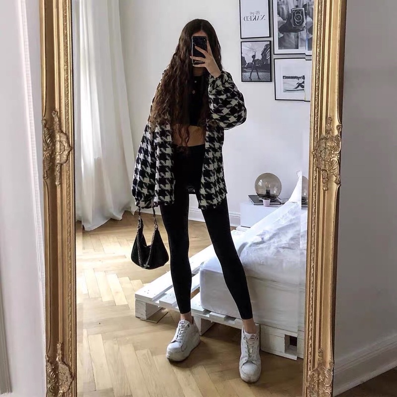 Áo khoác dạ sơmi hoạ tiết houndstooth răng cưa - Áo khoác dạ oversize chần bông (Ảnh thật ở cuối) | BigBuy360 - bigbuy360.vn
