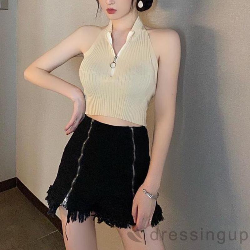 Áo croptop sát nách màu trơn phối khóa kéo cá tính quyến rũ cho nữ