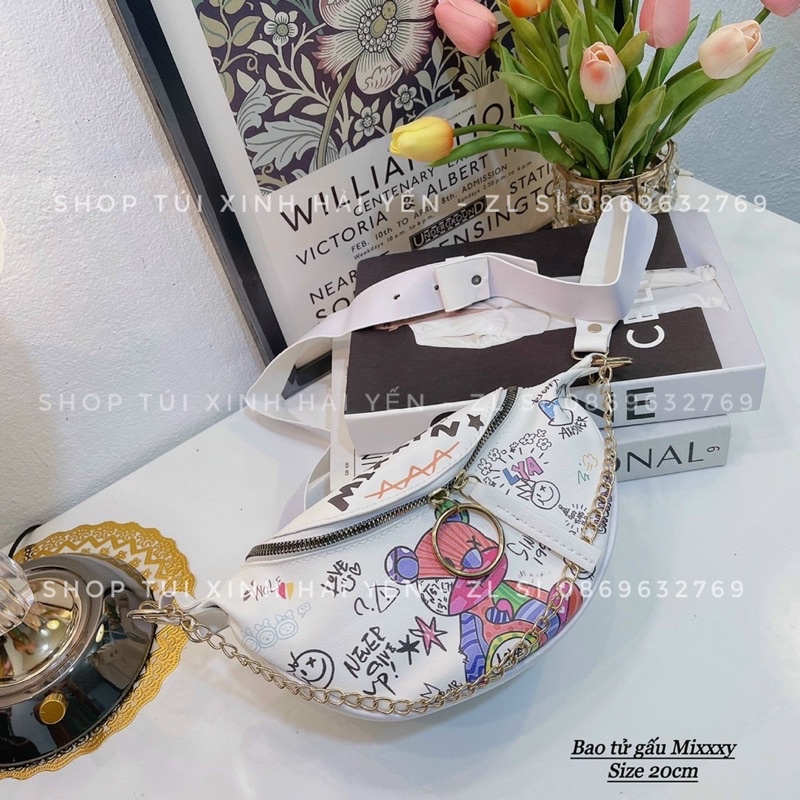 túi đeo chéo, túi bao tử gấu mixxi đen trắng siêu xinh, hoạ tiết cute dê phối đồ