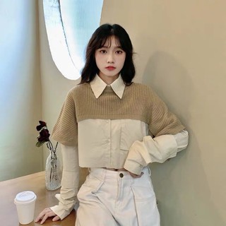 Sét áo sơ mi croptop dài tay+ khoác len mỏng choàng