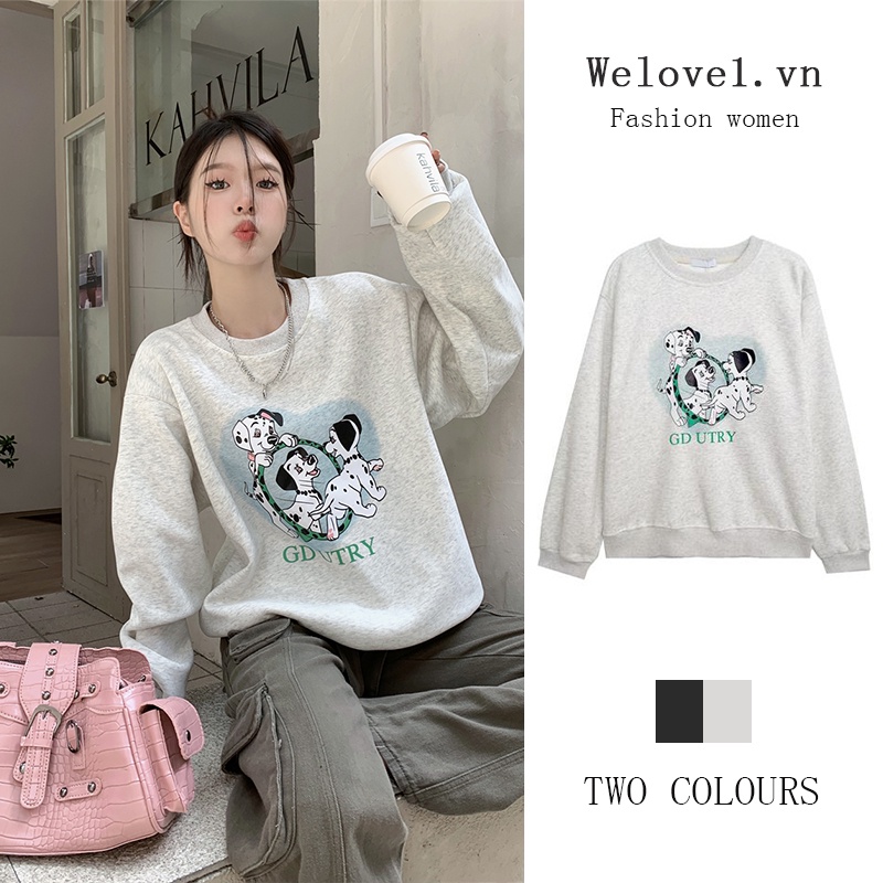 Áo sweater Cổ Tròn In Họa Tiết Dễ Thương Phong Cách retro Mỹ