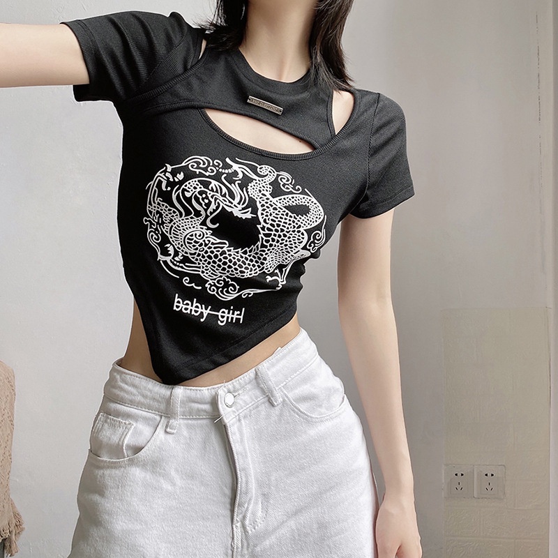 Áo Thun Tay Ngắn Cổ Tròn In Hình Rồng Thời Trang Dành Cho Nữ
