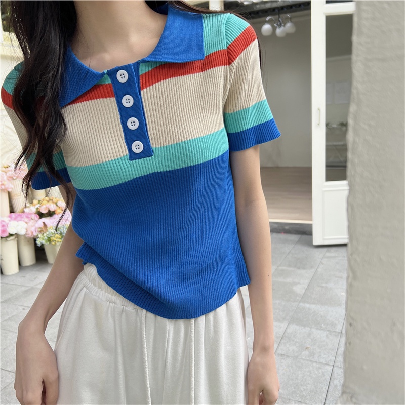 Áo thun polo dệt kim ZHELIHANGFEI tay ngắn kẻ sọc màu sắc dễ thương xinh xắn