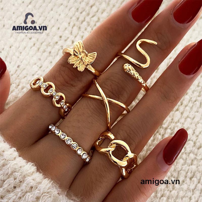 Set 6 Nhẫn Đeo Tay Thiết Kế Đơn Giản Phong Cách Retro Cho Nữ