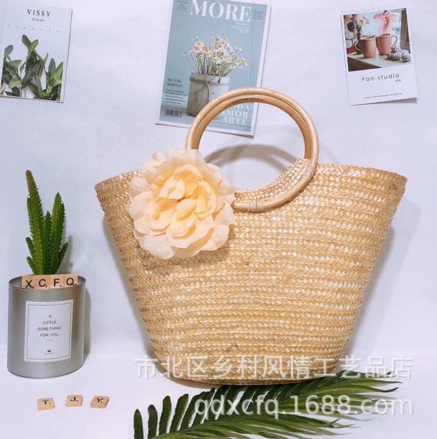 _ Giỏ cói hoa to tay cầm tròn_CHUYÊN SỈ TÚI MŨ CÓI