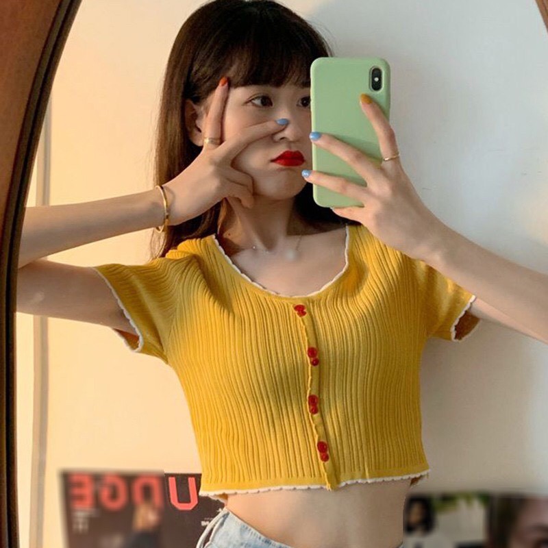Áo Len Tăm Dệt Kim Tay Ngắn 🎀 Áo croptop kiểu ngắn tay phong cách ulzzang Hàn Quốc C36 - Maoshop | BigBuy360 - bigbuy360.vn