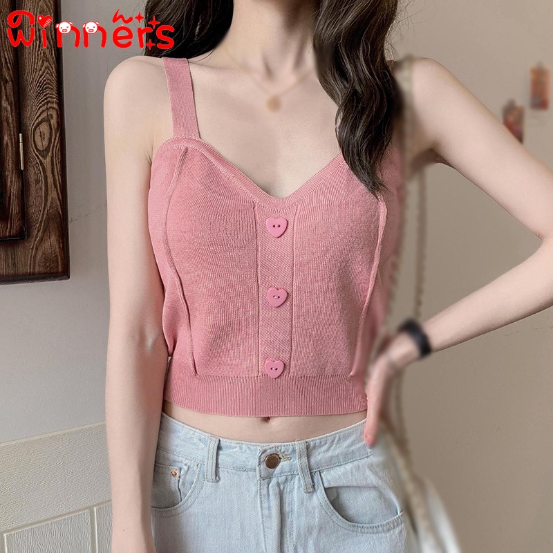 Áo Hai Dây Dệt Kim Họa Tiết Trái Tim Thời Trang Mùa Hè Cho Nữ