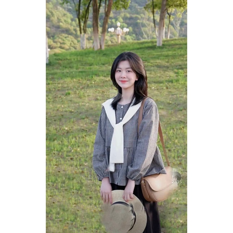 Áo babydoll kẻ tiểu thư A257 cổ tròn quảng châu Thời trang Xmin HIHISHOPHAHA