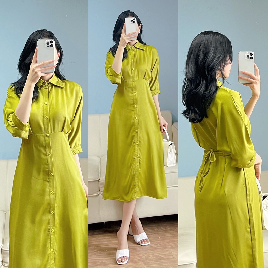 Váy sơ mi lụa xanh cốm