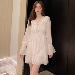 Đầm nữ bèo nhún màu đen trắng tiểu thư