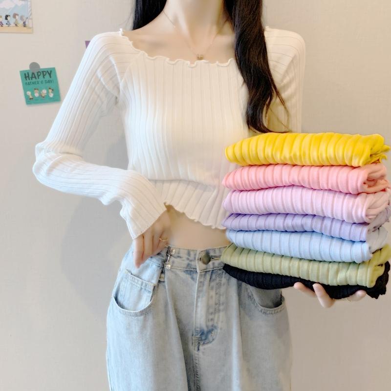 Áo Sweater Dệt Kim Tay Dài Dáng Ngắn Màu Sắc Xinh Xắn Cho Nữ