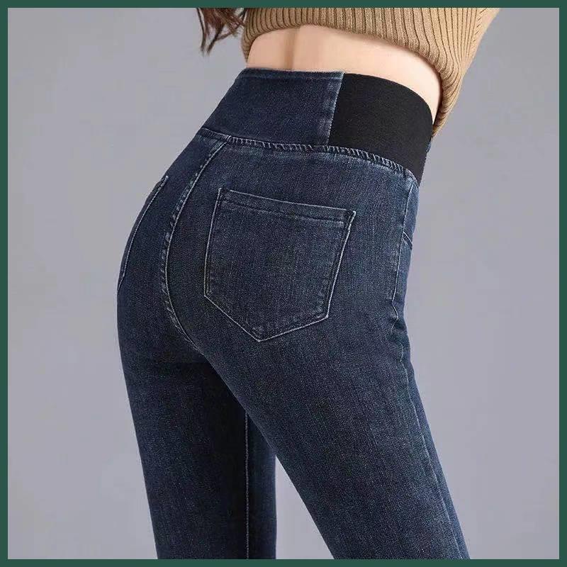 Quần Jean Lót Lông Cừu Eo Cao Co Giãn Phối Lông Cừu Hợp Mùa Thu Đông Plus Size