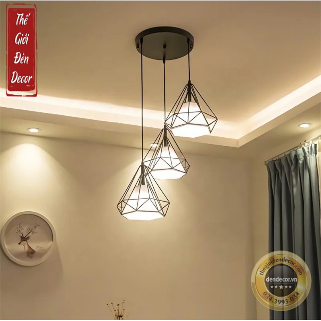 Đèn thả đơn T034 , đèn trang trí kim cương khung sắt sơn tĩnh điện D250