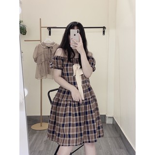 ( ảnh thật ) Váy kẻ trễ vai nơ