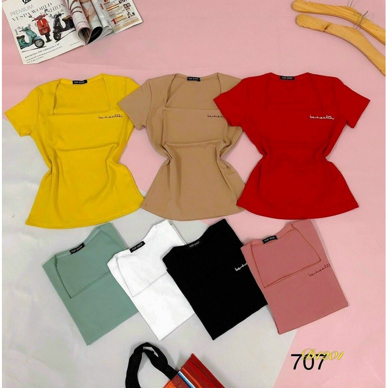 [Mã 11FASHIONSALE1 giảm 10K đơn 50K] Áo cổ vuông tay ngắn thêu chữ [ Ảnh thật hình cuối ] | BigBuy360 - bigbuy360.vn
