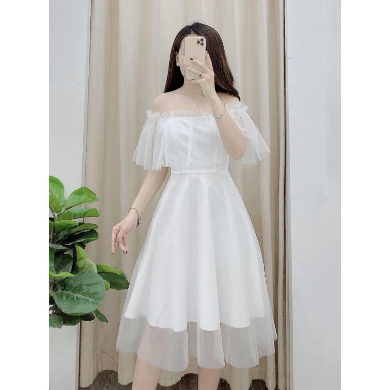 Váy trắng nữ trễ vai Lovely Dress dáng xòe cao cấp - Nàng Home- ,đi cưới và dự tiệc