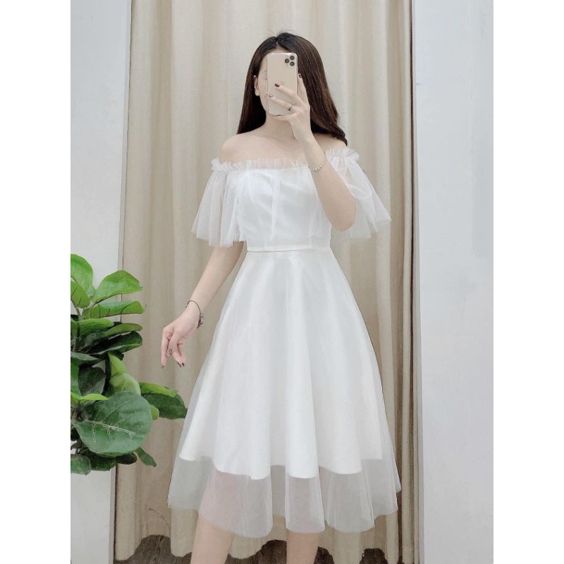 Váy trắng dự tiệc tiểu thư trễ vai Lovely Dress dáng xòe- Nàng Home ,đi cưới và dự tiệc chụp ảnh kỷ yếu