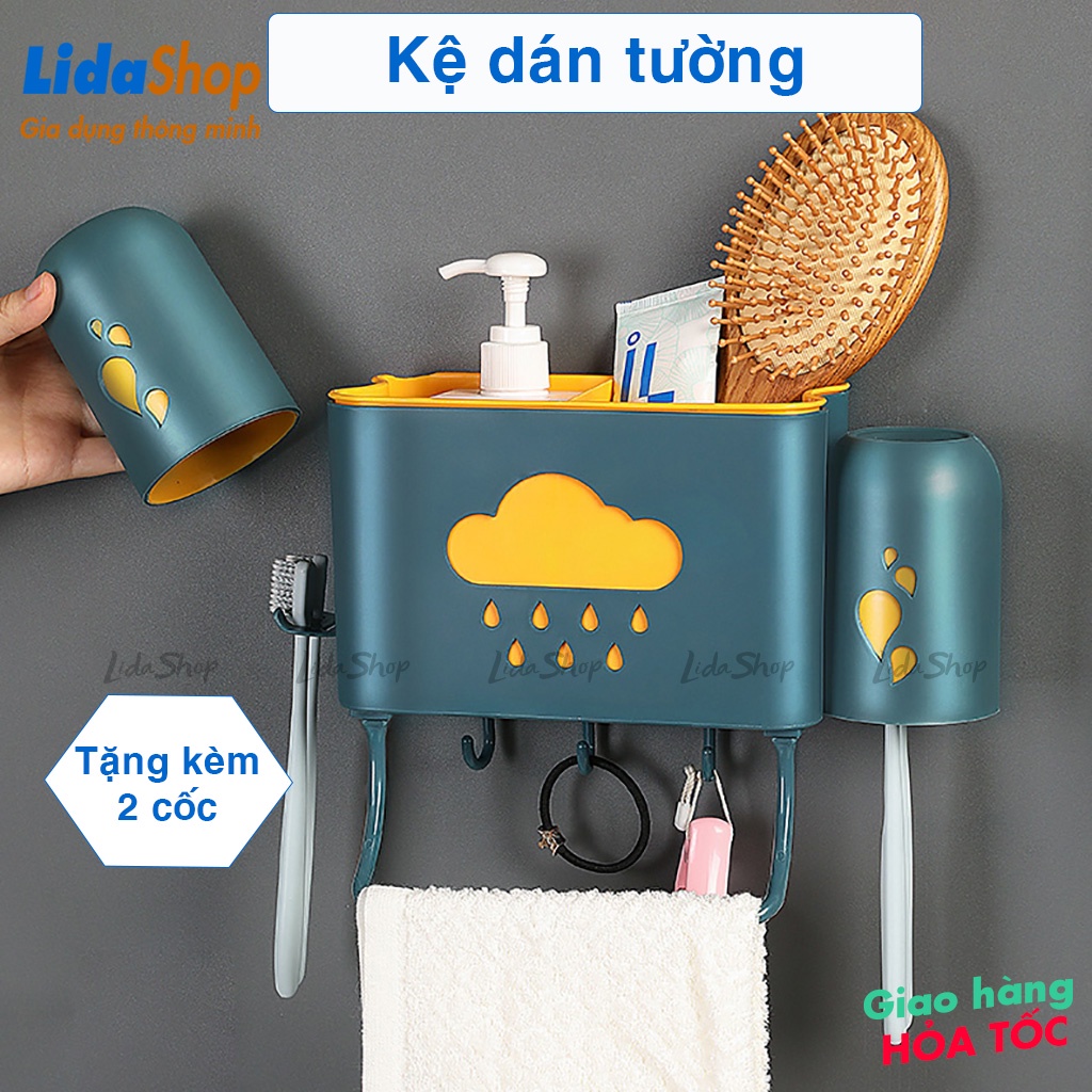 Giá để đồ nhà tắm dán tường LidaShop,  kệ đựng đồ nhà tắm đựng bàn chải kem đánh răng kèm 2 cốc _K189